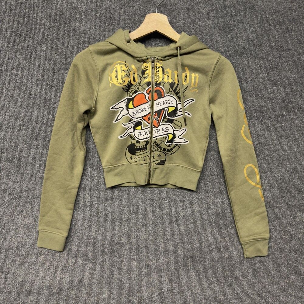 Ed Hardy Hoodie Womens XS Green Cropped Full Zip Tattoo Graphic Skull Eagle Y2K